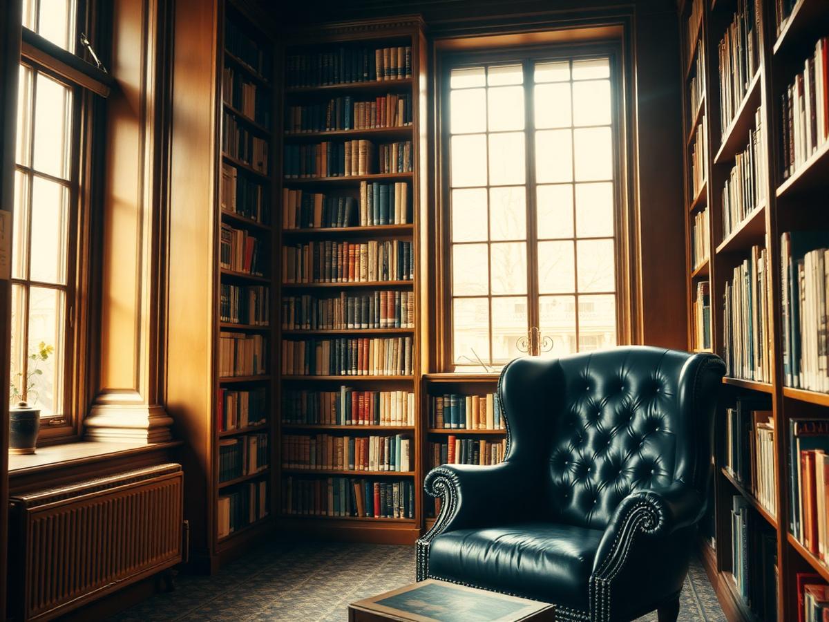 Sala de leitura com estantes de livros e luz natural, atmosfera intelectual e contemplativa